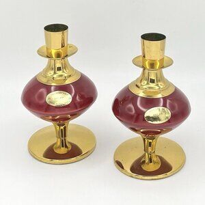 Vintage Mid-Century W. Delft B Holland Red & Gold Brass Candle Holders Atomic